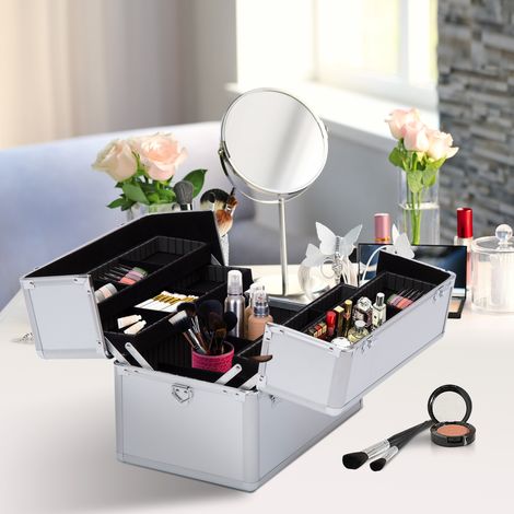 Mallette maquillage valise à 3 niveaux boîte de cosmétiques avec clés 36,5 x 24 x 29 cm argent