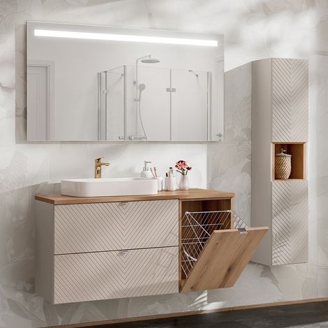 Conjunto de muebles con lavabo individual 120cm cesto ropa y columna Manoa Cachemira y madera (1/4)