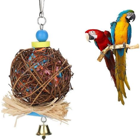 jouet De Perroquet D'oiseau,jouet  Mcher D'oiseau, Boule De Rotin Naturel Avec Bandes De  Papier Et Cloche En Mtal,jouets De Perroquet D'oiseau Ba