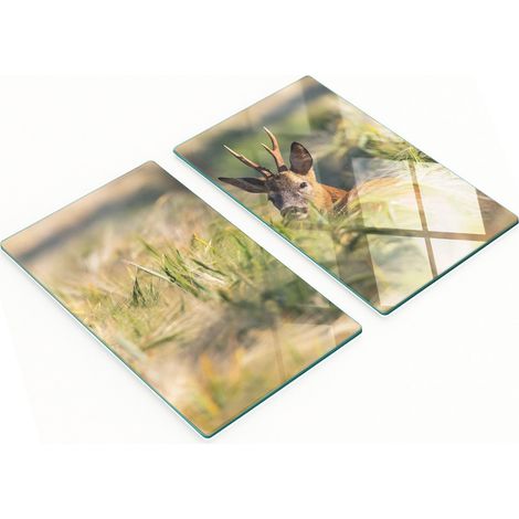 Juego de dos tablas de cocina decorativas de cristal con dise帽o de ciervos en el campo, 2x30x52 cm.
