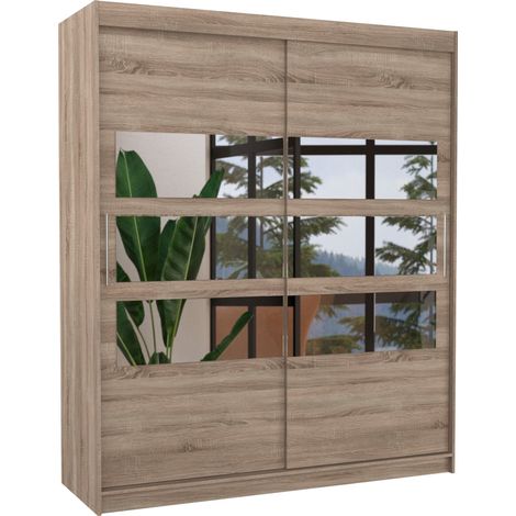 Armoire de chambre à coucher 2 portes coulissantes bois truffe et 6 miroirs horizontaux Dolena 180cm (1/5)