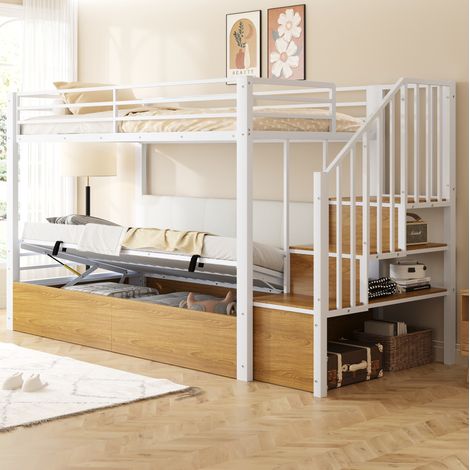 Letto a soppalco 90 x 200 cm con scala contenitore, schienale PU, sollevamento idraulico, bianco (1/5)