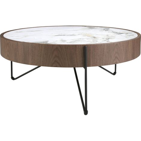 Table basse ronde en noyer et marbre blanc Angel Cerda - Noyer avec marbre blanc veiné et pieds noirs (1/5)