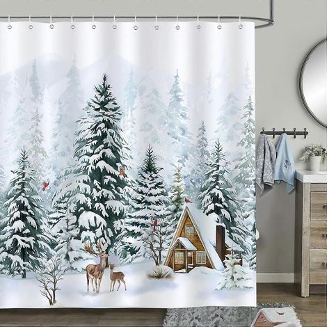 Rideau de douche motif forêt d'hiver, cerfs, pins, neige et sapin de Noël. Tissu polyester anti-moisissure, imperméable et lavable. Dimensions : 200 x 180 cm. (1/5)