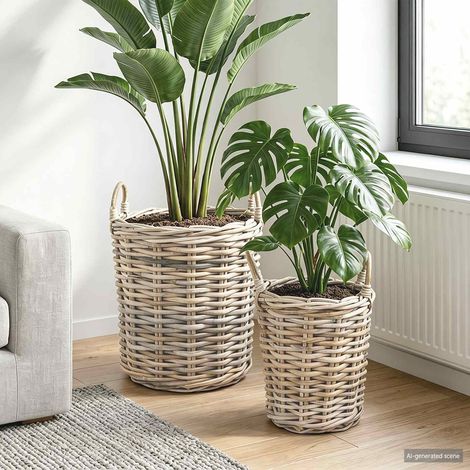 vidaXL Cesto per Piante con archiviazione 2 pcs Grigio Rattan (1/5)