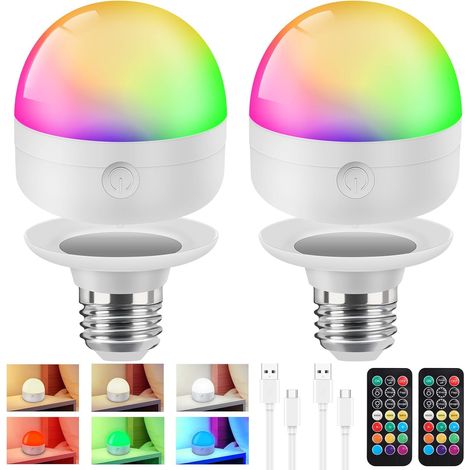Ampoule LED Rechargeable avec Telecommande, E27 Connectée, Ampoule Sans Fil a RGB et Intensité Variable, Feux de Extérieur Camping Secours-2pcs (1/5)