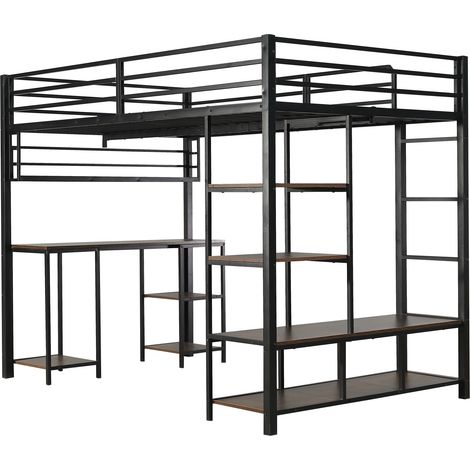 Lit mezzanine en métal avec bureau et étagère 120x200 cm noir et bois foncé HOMVRA (1/5)