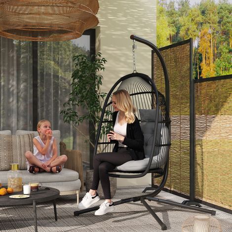 Fauteuil suspendu en forme d'œuf avec support, panier pliable, coussin et appui-tête pour une utilisation intérieure et extérieure, capacité de charge de 150 kg, gris