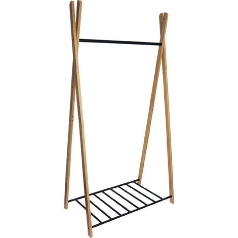 Portant à vêtements et chaussures Yaka en bois et métal - 1 barre de penderie / 1 étagère ajourée - Naturel / noir - 173x50x93cm - BOX & BEYOND