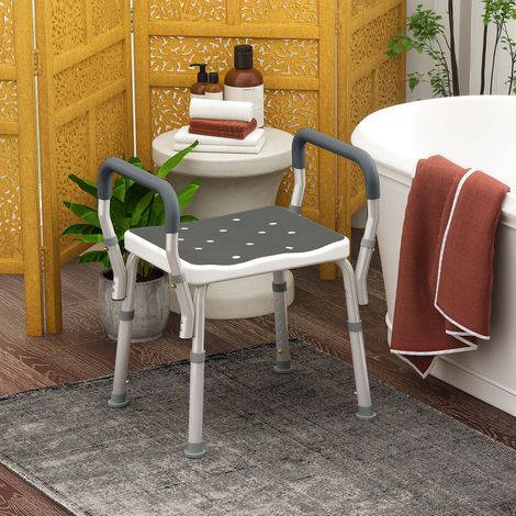 Sgabello da doccia regolabile in altezza per anziani o persone con mobilità ridotta, 52x45x69 cm, bianco e sedile grigio.