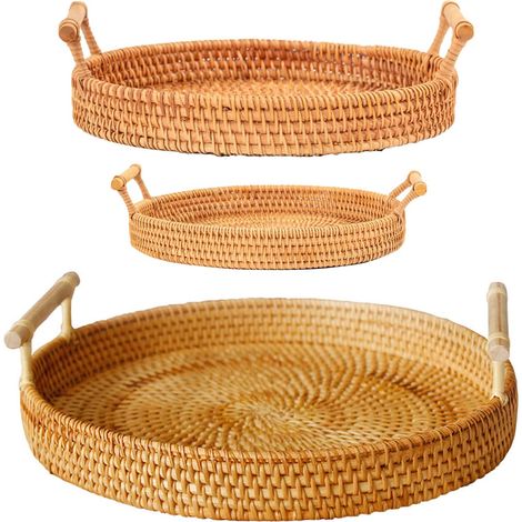 Round Rattan Tray, Handmade Rattan Serving Basket, Beech Wood Storage Basket with Handle, Ideal for Food, Desserts, Storage and Display (1/5)