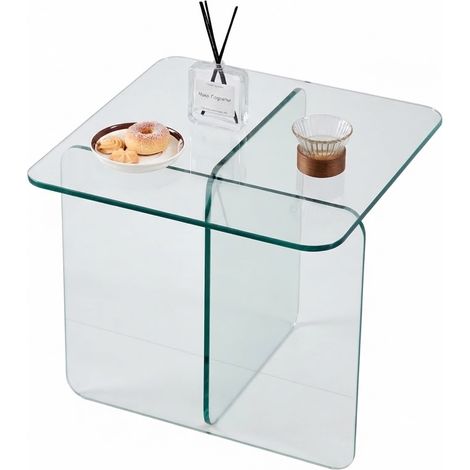 ELVMI Mesa Auxiliar de Vidrio Templado Transparente, Forma Curvada, para Salón, Oficina y Exterior, 45 x 45 x 51 cm (1/5)