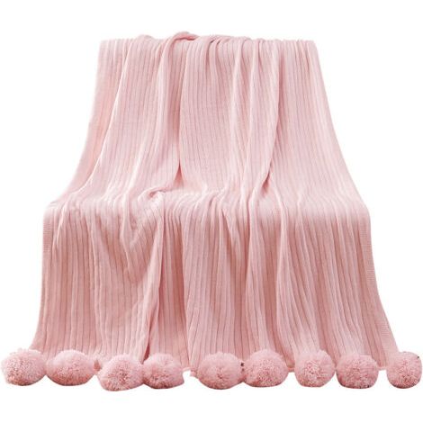 Sollbry Couverture tricotée en coton rose avec pompons en tricot épais, doux style shabby chic, femmes, amis, cadeau de fête des pères (rose, 100 x 150 cm) (1/5)