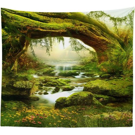 Tapisserie murale - Forêt psychédélique - Lumière du soleil claire - Tenture - Paysage - Jungle bohémienne - Art mural - Décor (200 x 150 CM) (1/5)