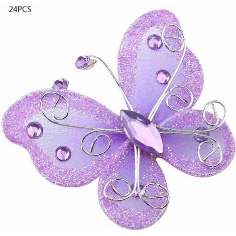 Mariposas de malla moradas, transparentes y brillantes para decoración (24 unidades)