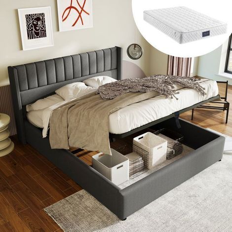 Lit coffre - SOGEU - Lit Coffre 140x200 - Tissu lin gris - Matelas 25cm 620 ressorts Oeko-Tex - Rangement hydraulique (1/5)