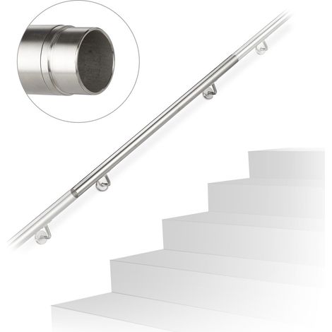 Relaxdays Handrail, Stair Rail, Extendable, Indoor, Outdoor, Round, Ø 42 mm, Stainless Steel, Bracket, 100 cm, Silver
