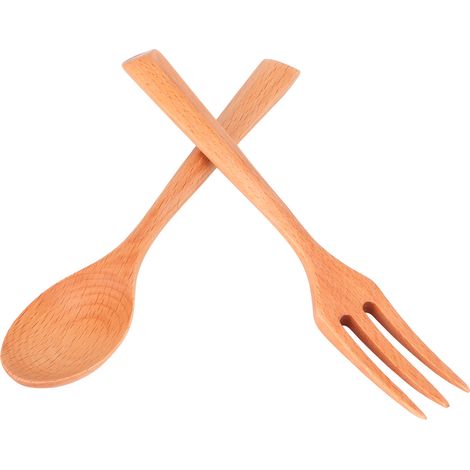Lot de 2 couverts en bois de hêtre, cuillère et fourchette résistants à la chaleur, ustensiles de cuisine durables pour maison, restaurant, bureau (1/5)