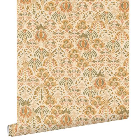 papier peint fleurs vintage de style art nouveau orange et jaune ocre  - ESTAhome (1/5)