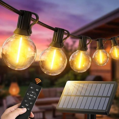 15 m guirlande lumineuse solaire extérieure, télécommande + 3 modes, G40, étanche IP44, pour terrasse, jardin et mariages