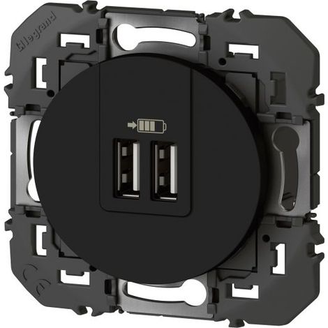 Legrand – Prise double USB Type-A 3A – Charge rapide 15W pour smartphone et tablette – Raccordement simple Phase-Neutre – Finition noire (1/5)