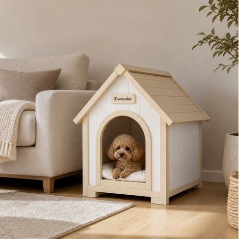 Cama de interior para perros de madera FSC con cojín extraíble, 60 x 55 x 70 cm, blanco crema (1/5)
