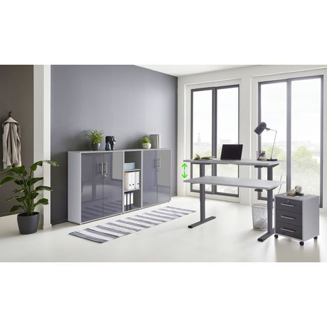 BMG Möbel Büromöbel komplett Set mit elektrisch höhenverstellbaren Schreibtisch Arbeitszimmer e-Dition in lichtgrau / anthrazit Hochglanz lackiert/Gestell anthrazit