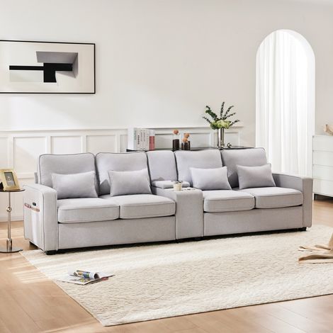 Canapé 4 places en tissu lin – Console avec 2 porte-gobelets et 2 ports USB – Poches d'accoudoir – 4 coussins – Style moderne pour salon (1/5)