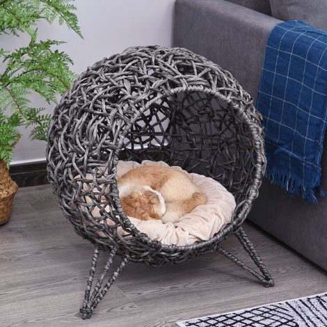 Panier surélevé pour chat douillet, grotte-niche cosy, Ø 52 x 58H cm, coussin rembourré fourni, résine tressée aspect rotin gris, grand couchage confortable. (1/5)