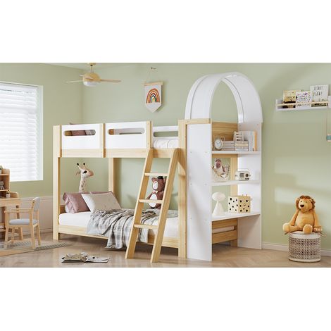 Lit superposé enfant 90 x 200 cm avec étagère à trois niveaux et escalier, garde-corps et sommier à lattes inclus, bois, blanc (1/5)
