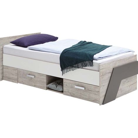 Jugendbett 90x200cm LEEDS-10 mit 2 Schubkästen, Sandeiche Nb./weiß/Lava, B x H x T ca. 96 x 69,5 x 204,5 cm (1/5)