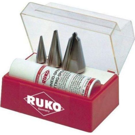 RUKO 101009 JUEGO 3 BROCAS CÓNICAS HSS + SPRAY DE CORTE 50 ML
