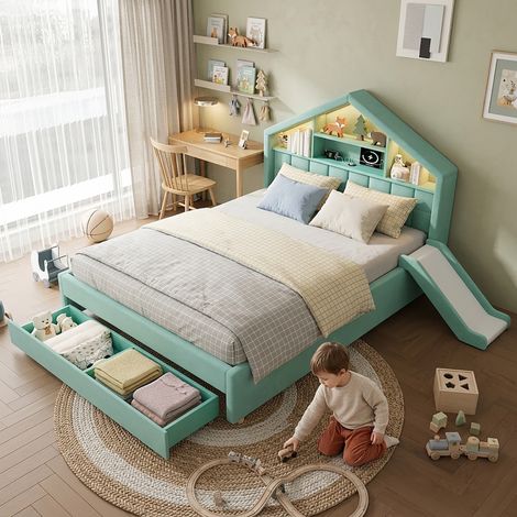 Lit enfant cabane rembourré 140 x 200 cm, toboggan réversible, LED, port de charge, étagères de tête de lit, grand tiroir, bleu-vert (1/5)