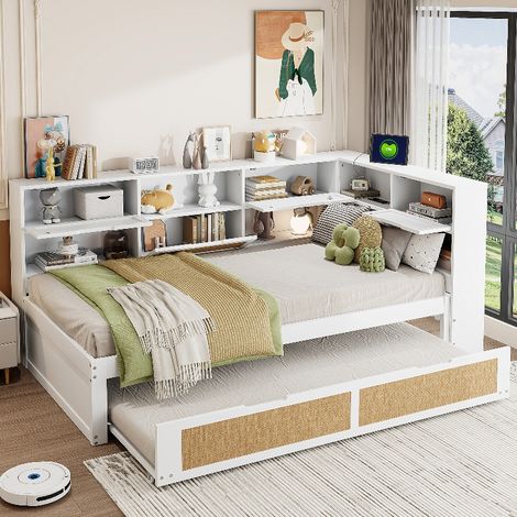 Multifunktionales Holz Schlafsofa 90x200 cm mit Ausziehbett und Stauraum, platzsparendes Einzelbett aus Kiefernholz mit Ladeanschluss, Weiß (1/5)