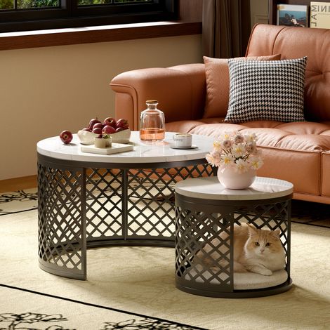 Ensemble de 2 tables basses gigognes ⌀70x45 cm + ⌀45x35 cm Design latéral en maille (1/5)