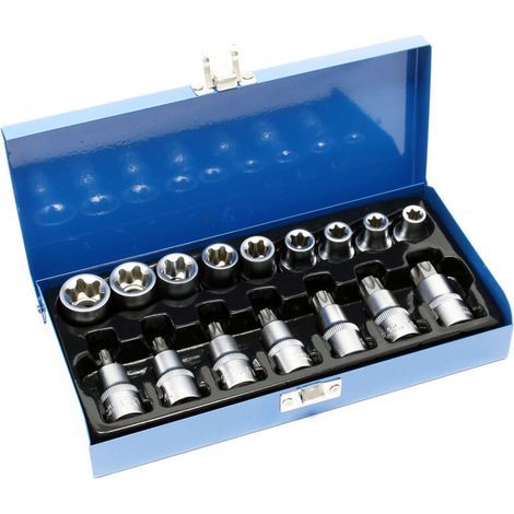 Jeu de douilles torx mâle 16 pièces – Acier chrome vanadium – Entraînement ½' – Coffret métal avec 9 douilles E et 7 douilles T (1/3)