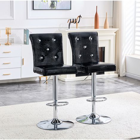 Sedia da bar in PVC nero con dettagli a bottone cristallo e finitura effetto pelle alligatore,55×42×125cm (1/5)