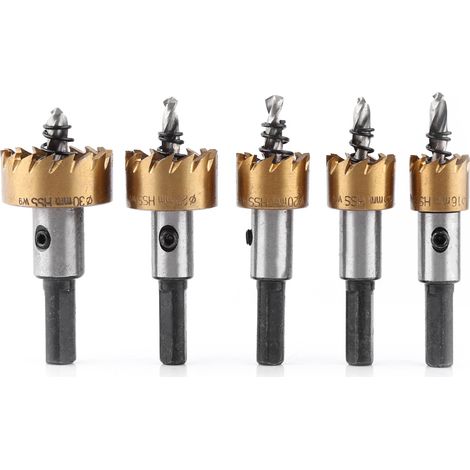 Ensemble de 5 forets et scies cloches en acier rapide au titane, outils de coupe pour le travail des métaux, 16-30 mm (1/5)