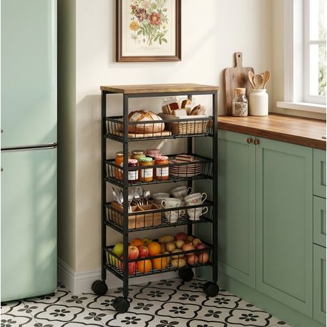 Carrello cucina 40x24x81,5 cm metallo marrone rustico, 4 cestelli salvaspazio – MEUBLIV (1/5)
