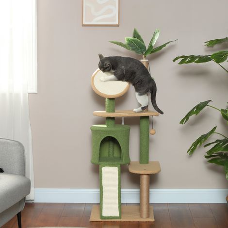 Kratzbaum, 139 cm Katzenbaum mit Höhle, Spielbällen, Sisal-Kratzpfosten und Plattformen, für zwei Katzen, Grün