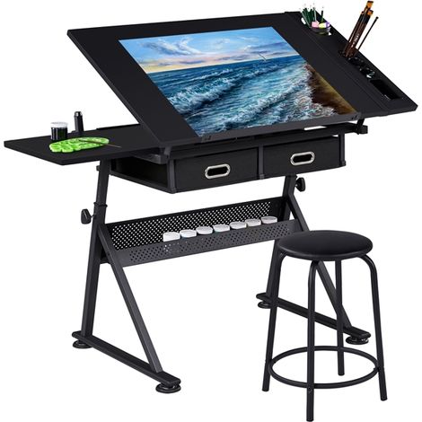 Yaheetech Tavolo da Disegno Inclinabile Altezza Regolabile con Sgabello e 2 Cassetti Scomparti a Matite Scrivania per Disegnatore Pittore Nero (1/5)