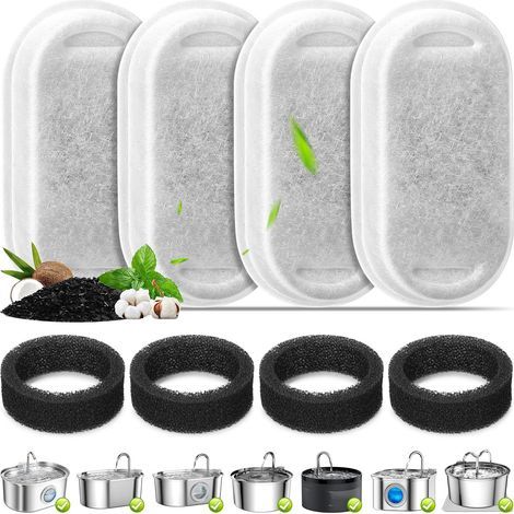 Lot de 4 filtres pour abreuvoirs pour chats, filtres de rechange et éponges de préfiltration pour abreuvoirs en acier inoxydable de 3,2 L/108 oz et 67 oz/2 L-Karteo (1/5)