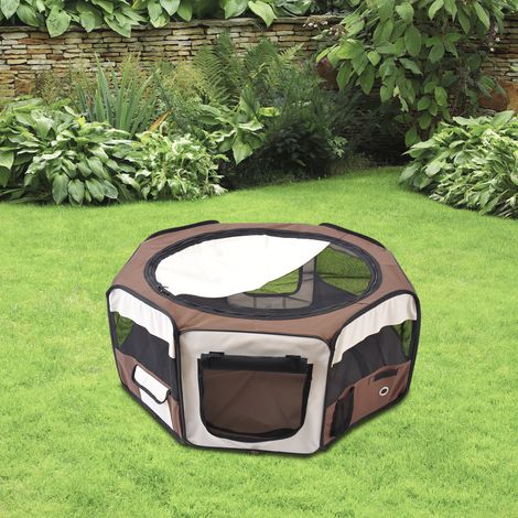 Faltbares, achteckiges Laufgitter/Gehege für Hunde, Katzen und Kleintiere, aus Oxford-Gewebe und Stahl, Ø 90 x 41 cm (Höhe), braun/beige