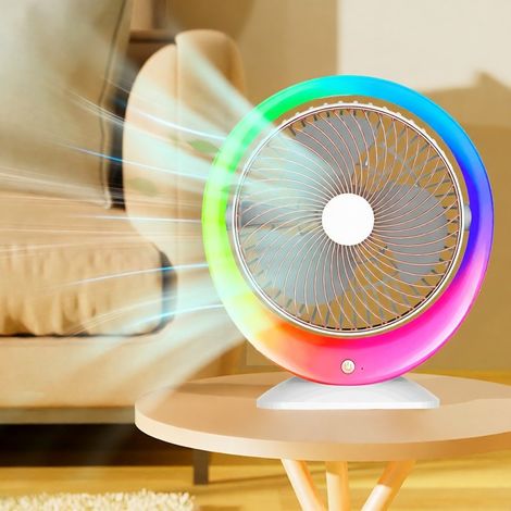Ventilateur de bureau LED multicolore – USB rechargeable, 3 vitesses, 1200 mAh, grand angle – Éclairage d’ambiance dégradé