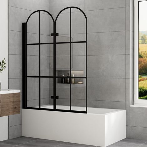 Duschwand für Badewanne Bogen, Badewannenaufsatz 120x140 cm Schwarz 2-teilig faltbar Duschwand Badewanne Badewannenfaltwand Duschabtrennung für Badewanne mit 6mm ESG Sicherheitsglas (1/5)