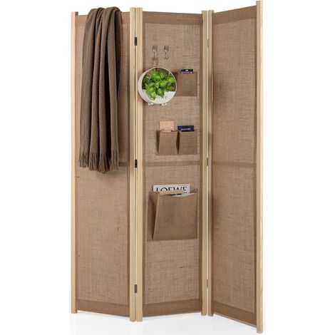 Costway – Paravent intérieur pliable 3 panneaux 121 x 170 cm – Lin synthétique avec 4 poches de rangement et 2 crochets – Séparateur de pièces pour chambre et bureau