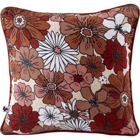 Coussin déhoussable 45x45cm gaze de coton imprimé Floral coloris terracotta - ANASTASIA (1/3)