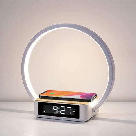Lampe de chevet multifonctionnelle, chargement sans fil 10 W, horloge, réglable, veilleuse avec prise secteur (1/4)