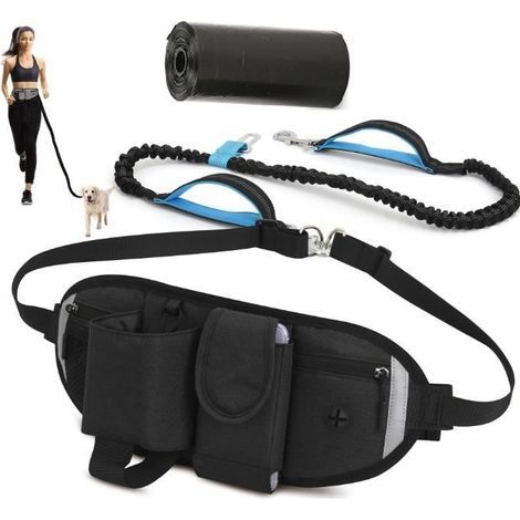 (Schwarze) Freihändige Hundeleine, bis 110 kg, Stoßdämpfung, reflektierendes Band, Multifunktionstasche, 1 Rolle inklusive (1/4)