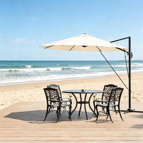 Parasol excéntrico redondo 292x207 cm de metal y poliéster beige, rotación 360° - MEUBLIV (1/5)